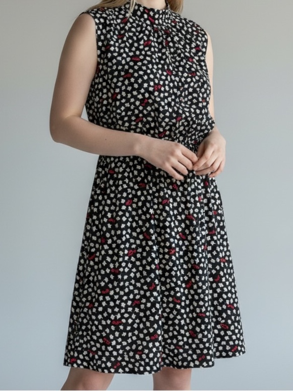 Maeve Black Sleeveless Midi Dress with White and Red Floral Sunglasses Print